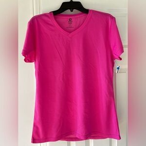 💕 NWOT Women High-Visibility Neon Pink Micromesh Moisture Wicking V-neck T-shirt